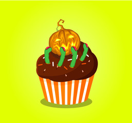 Cute happy halloween cupcake with pumpkin jack and scary green fingers with claws  isolated on yellow background. Vector illustration, icon, clip art.