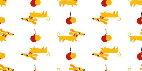 Seamless New Year pattern with yellow dogs symbol of year 2018 on a white background. Vector illustration