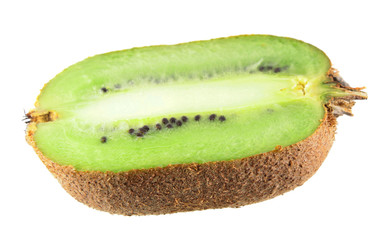 Kiwifruit cut in longitudinal section isolated on white background