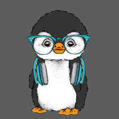 The poster with the image penguin portrait with headphones. Vector illustration.