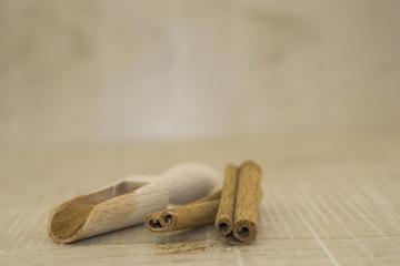 Cinnamon sticks in a wooden spoon