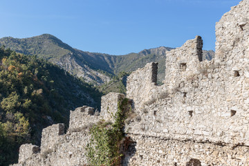 Fototapeta na wymiar Ancient medieval fortress in village Luseram, Provence Alpes Cote d'Azur, France.
