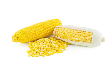 close up of sweet corn, ear of corn and canned corn isolated on white background, selective focus (detailed close-up shot)