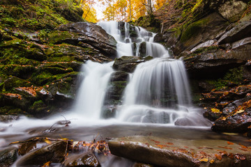 Autumn waterfall in forest landscape