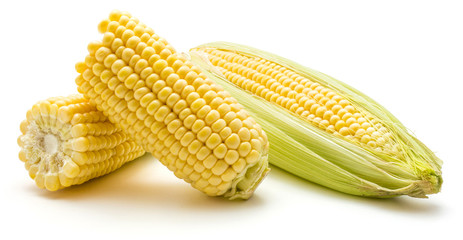 One whole and brocken corn isolated on white background