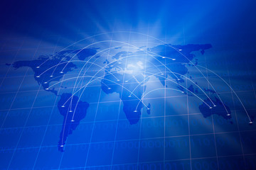 Blue grid with world map,binary code and digital connection communication, business technology...
