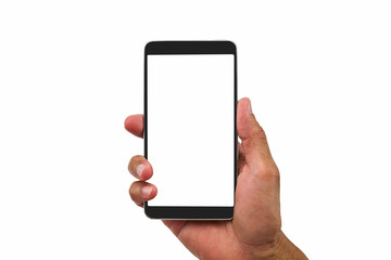 Man's hand holding blank white screen mobile phone on white background