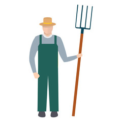Farmer with a Pitchfork in Hat and Green Overalls