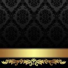 Ornate charcoal damask Background with golden Ribbon.