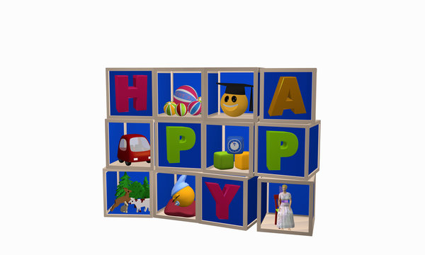 Setzkasten aus Würfeln mit Spielzeugen und dem Wort Happy. Ansicht von vorne.