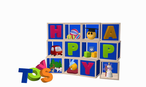 Setzkasten mit Spielzeugen und Toys als Buchstabenhaufen