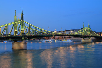 Evening view of the Liberty Bridge in Budapest.