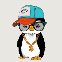 Fototapeta premium Plakat z wizerunkiem portret pingwina w hip-hopowej czapce. Ilustracji wektorowych.