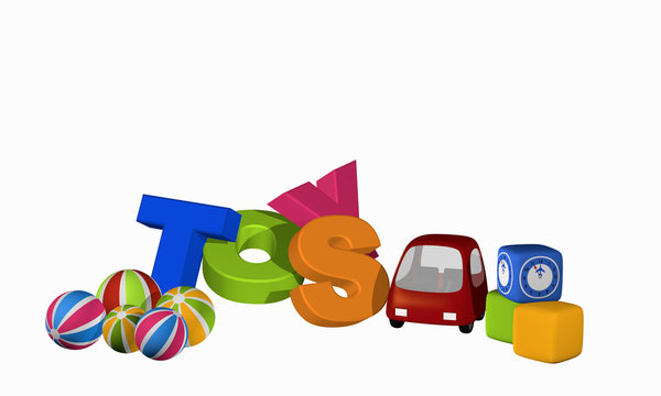 Toys als Buchstabenhaufen mit Spielzeugauto, Würfeln und Bällen