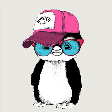 The poster with the image penguin portrait in hip-hop hat. Vector illustration.