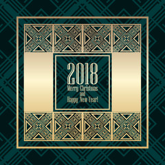 2018 New Year greeting card in art deco golden style. Template for design. Vector illustration eps10