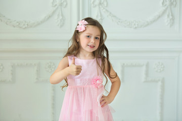 beautiful little smiling smart girl in a dress on a white background with an approving hand gesture