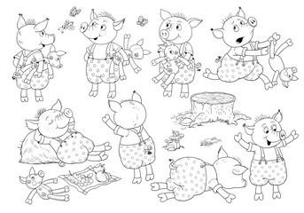 Three little pigs. A cute pig. Fairy tale. Coloring book. Coloring page. Illustration for children. Funny cartoon characters isolated on white background