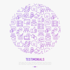 Testimonials and quote concept in circle with thin line icons of review, feedback, survey, comment. Vector illustration for banner, web page, print media.