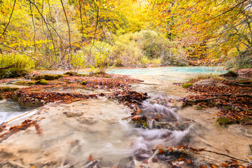 colorful autumn landscape at urederra source, Spain