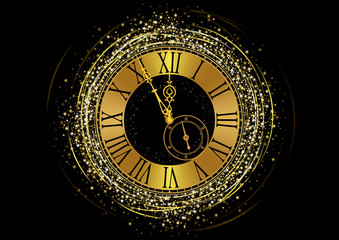 Happy New Year Background with Golden Clock Face over Stars Glitter and Black Background - Luxury Illustration, Vector