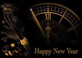 Golden Happy New Year Greeting with Face Clock and Champagne on Black Background - Illustration, Vector