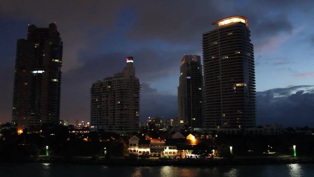 Miami skyline at sunrise as seen from cruise ship.