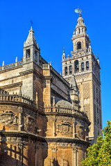 Fototapeta na wymiar Beautiful Gothic building of the Cathedral of Saint Mary of the See (Seville Cathedral) on sunny day. Seville (Sevilla), Andalusia, Southern Spain.