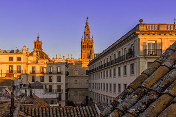 Beautiful Gothic building of the Cathedral of Saint Mary of the See (Seville Cathedral) on sunset. Seville (Sevilla), Andalusia, Southern Spain.