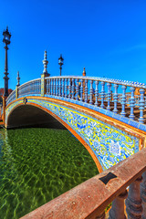 Bridge of Plaza Espana in Sevilla , Spain. Tiled ornaments.