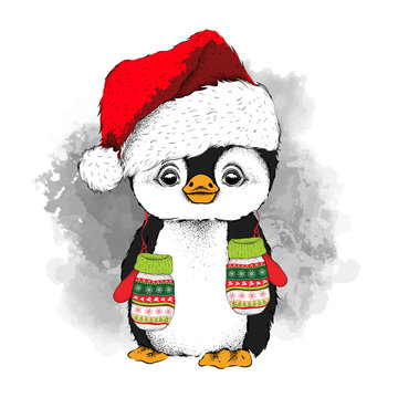 Penguin in Santa Claus hat and with the gloves. Vector illustration