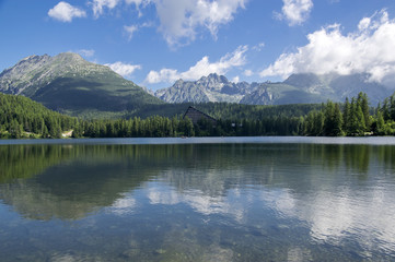 Fototapeta na wymiar Strbske pleso, High Tatras mountains, Slovakia, early summer morning, lake reflections