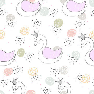 Hand drawn seamless pattern with swan. vector illustration