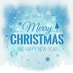 Christmas and New Year typographical on background with winter landscape with snowflakes, light, stars. Xmas card. Vector Illustration