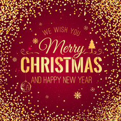 Christmas and New Year typographical on red background with gold firework. Xmas card. Vector Illustration