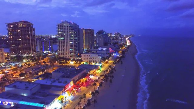 Fort Lauderdale Beach at night, aerial view.