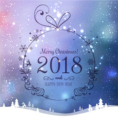 Shiny Christmas ball for Merry Christmas 2018 and New Year on beautiful background with light, stars, snowflakes. Holiday card. Vector eps illustration