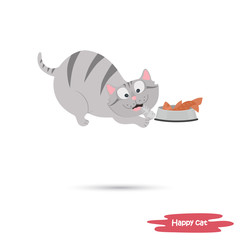 The cat eats fish color flat illustration