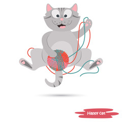 Cat plays with a ball of threads color flat illustration
