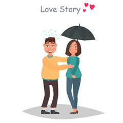 The guy covers the rain from the girl with his umbrella color flat illustration