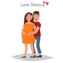 Husband hugs a pregnant wife color flat illustration