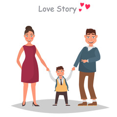 Mom and Dad give the child to school color flat illustration
