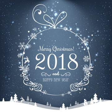 Shiny Christmas ball for Merry Christmas 2018 and New Year on blue background with light, stars, snowflakes. Holiday card. Vector eps illustration