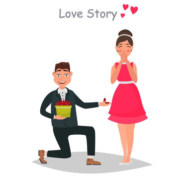 Guy makes the wedding offer to his girl color flat illustration