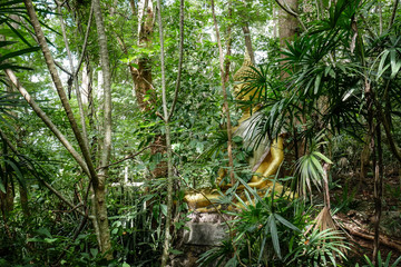Naklejka premium Buddha statue in forest, deep meditation in jungle, peace and nature