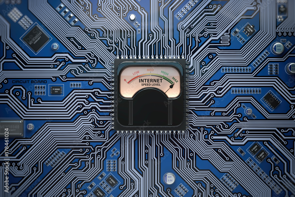 Poster Internet speed level connection concept. Maximum internet speed on meter and circuit board.