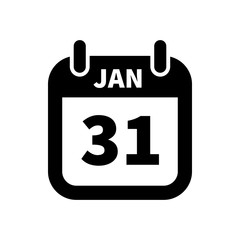 Simple black calendar icon with 31 january date isolated on white