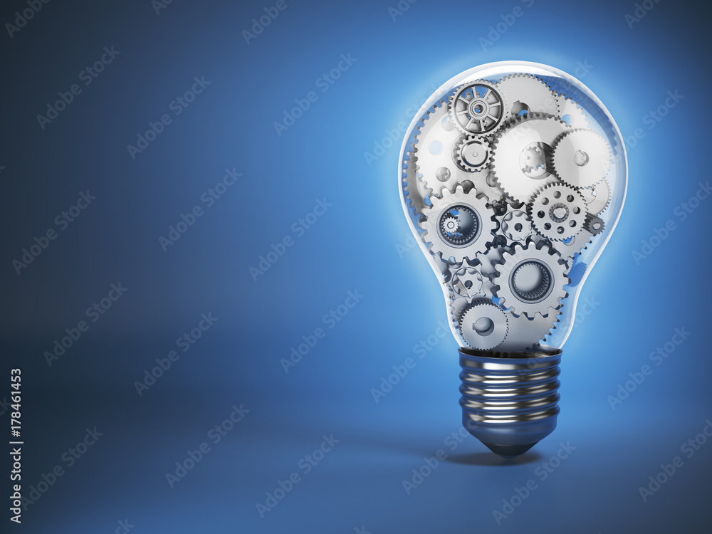 Poster light bulb and gears. perpetuum mobile. innovation, creativity and idea concept background.