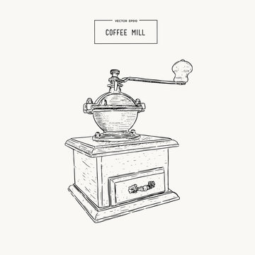 Vintage coffee grinder. Hand drawn sketch style.Coffee mill