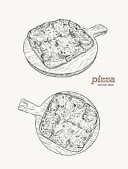 Pizza on the wooden board hand draw sketch vector.
